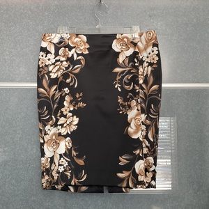 Beautiful, WHBM, satin pencil skirt, black with tan floral, 10